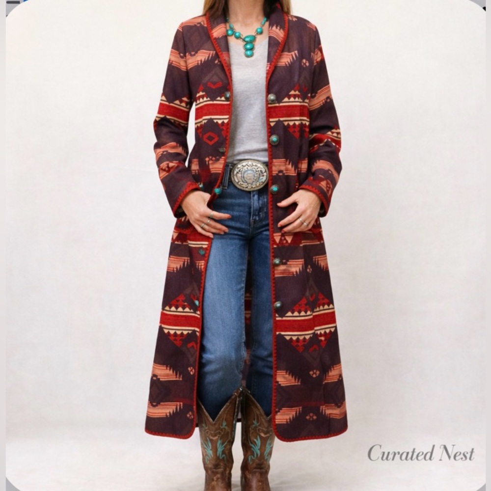 Tribal Aztec earth tones long duster jacket w concha turquoise buttons